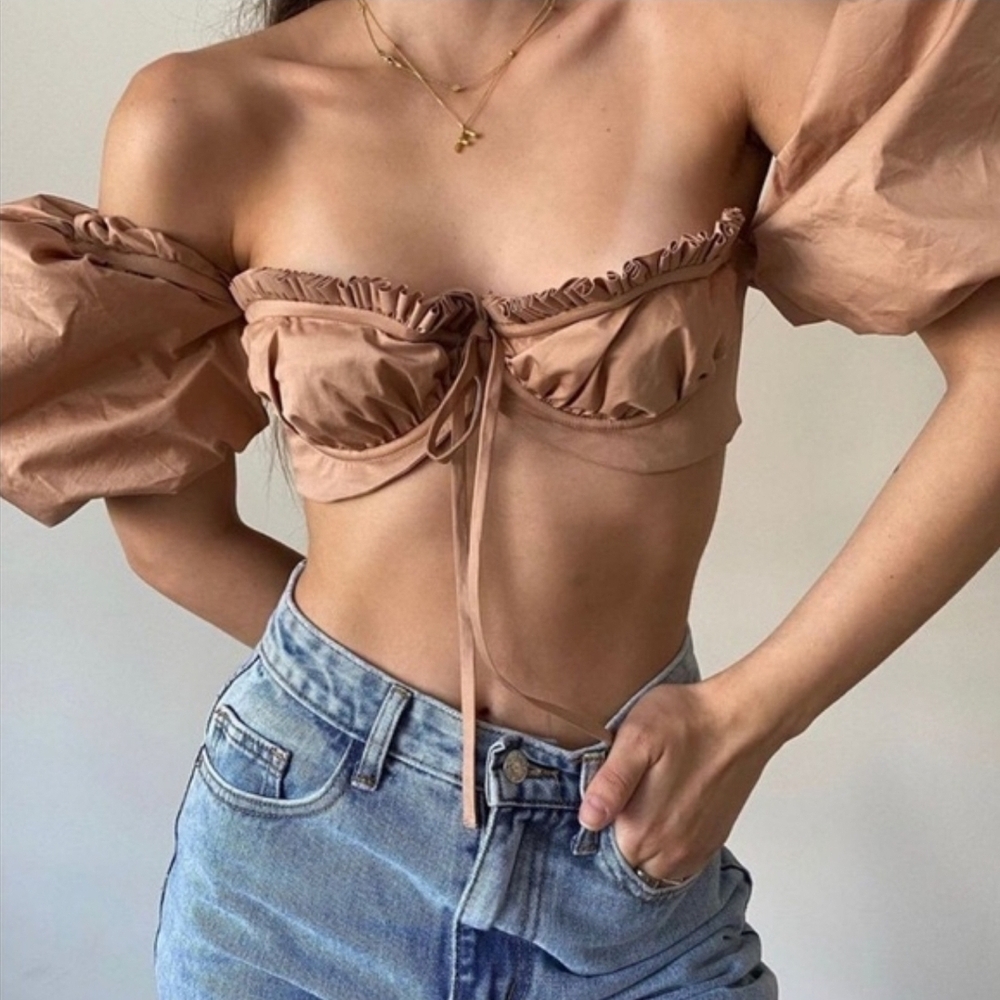 Elegant Puff Sleeve Crop Dasi Sarees Top - Tan HEDY Camel Puff Sleeve Bralet